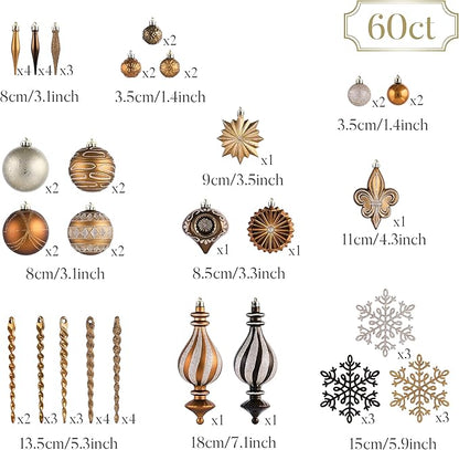 Valery Madelyn Ornaments for Christmas Trees, 60ct Bronze Copper Brown and Gold Shatterproof Christmas Tree Decorations, Luxury Hanging Ball Ornaments Bulk for Thanksgiving Autumn Harvest Decor