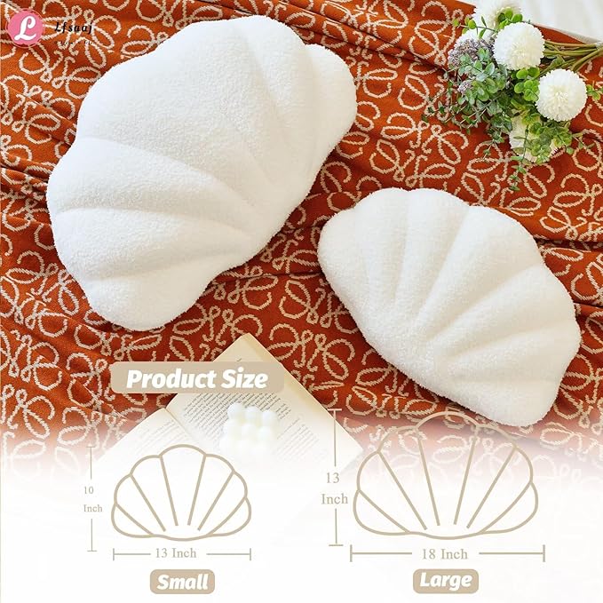 Ivory Seashell Throw Pillows, Shell Shaped Throw Pillows, 13 Inch Soft Home Decorative Pillow Plush Cushion for Bed Couch Living Room Decor Accent Throw Pillow
