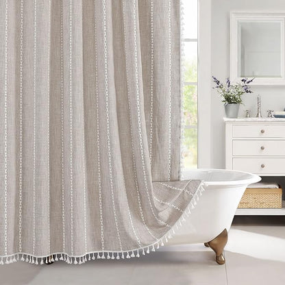 MitoVilla Boho Farmhouse Fabric Shower Curtain, Tan Brown Modern Polyester Linen Shower Curtains for Vintage Rustic Bathroom Decor, Country Tassel Thick Cloth Shower Curtain, Taupe, 72 x 72