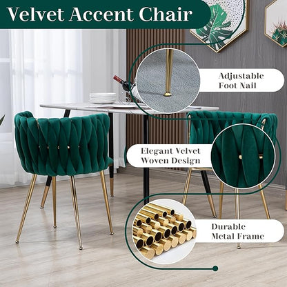 Golden Round Glass Dining Table Set for 4, 39'' Clear Dinner Table Set, 5 Pieces Modern Luxury Circle Kitchen Table and Green Woven Chairs Set, Minimalist Circular Dinette Set, for Small Place