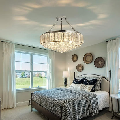 YYJLX 6 Light Modern Large Round Crystal Chandelier Chrome Semi Flush Mount Ceiling Light Fixtures E26 Ceiling Lamp for Dining Room Living Room Laundry Room Foyer Kitchen Balcony Bedroom(Silver).