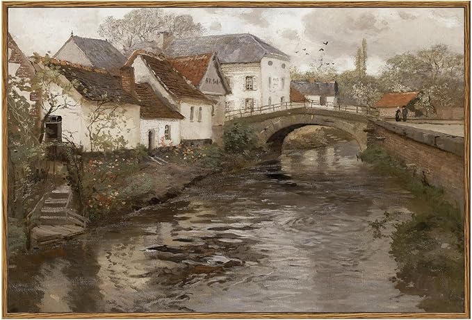 KBKBART Vintage Wall Art, Retro European Village Country Framed Canvas Art Prints Painting Farmhouse Decor, Rustic Impressionism Scenic Landscape Wall Decor for Bathroom, Bedroom Living Room, Vintage Wall Decor(16"x24")