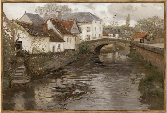 KBKBART Vintage Wall Art, Retro European Village Country Framed Canvas Art Prints Painting Farmhouse Decor, Rustic Impressionism Scenic Landscape Wall Decor for Bathroom, Bedroom Living Room, Vintage Wall Decor(16"x24")