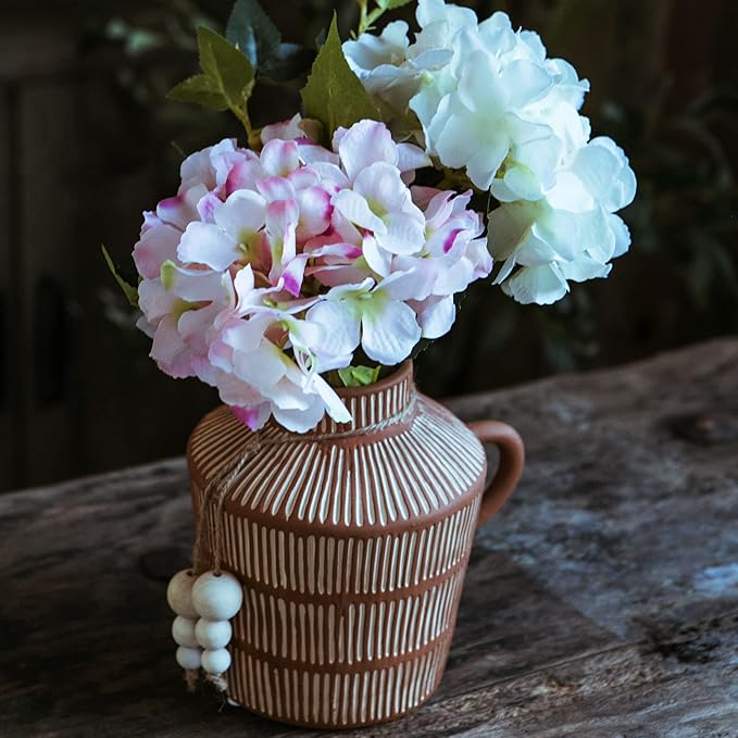 Rustic Farmhouse Vase with Handle and Boho Wooden Beads - Terracotta Vase with Vertical Stripes for Vintage Home Decor