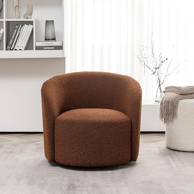 KINWELL 34" W Mid Century Modern Swivel Barrel Chair, Round Upholstered Boucle Swivel Accent Chairs, No Assembly Chair for Living Room Bedroom Reading Apartment Lounge Nursery
