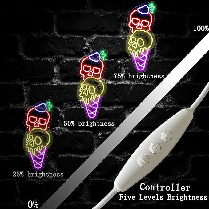 Ice Cream Skull Neon Sign, Quirky Gothic LED Wall Art,Skull Neon Light Ice Cream Neon Lighht Halloween Decor Wall Halloween Neon Sign Coffee Shop Decor, Christmas Party Bar Drink Shop-Red