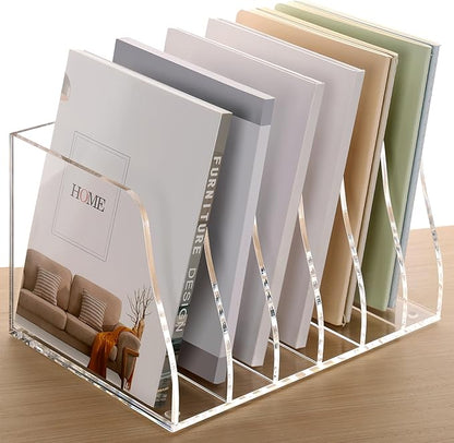SANRUI Acrylic Desk File Organizer, 6 Vertical Compartments Clear Magazine File Holder Workspace Sorters, Folder Rack for Office Accessories Organization Storage