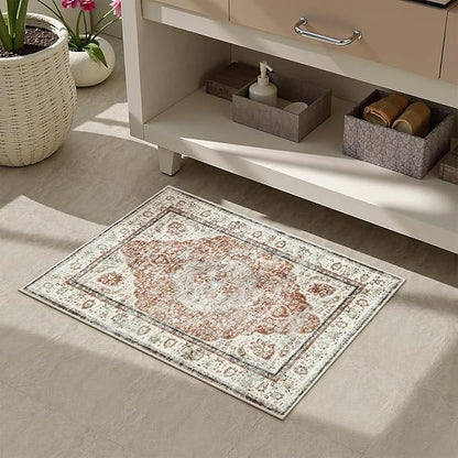 Uphome Boho Bathroom Rugs, Distressed Farmhouse Orange Bath Mat, Comfy Velvet Small Bath Rugs Non Slip Washable, Vintage Oriental Toilet Rug for Sink Shower Vanity, 20x32 inch
