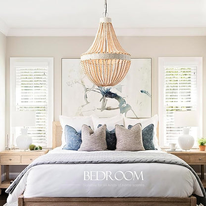 Boho Wood Beads Chandelier Vintage Rustic Farmhouse Chandeliers 3-Lights Wooden Island Pendant Lighting Fixture Retro Ceiling Lights for Dining Room Kitchen Bedroom Foyer D21.65