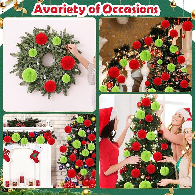 24 Pcs Red and Green Furry Christmas Ball Ornaments for Tree 2.36/3.15/3.94 Inch Pom Pom Ball Christmas Hanging Decoration for Party Supplies Fireplace Mantel Wall Decor