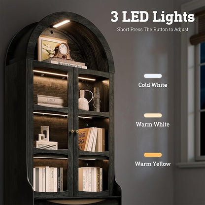STO'SENSE 73" Tall Arched Bookshelf with LED Lights,4-Tier Modern Farmhouse Arched Bookcase with Glass Doors and Shelves,Wooden Display Cabinet with 2 Drawers for Living Room, Dining Room (Black)