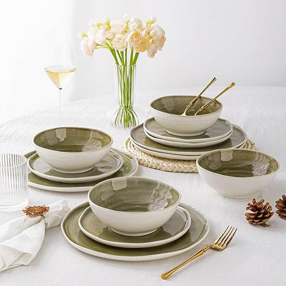 Leratio Ceramic Dinnerware Sets for 4,Porcelain Plates and Bowls Sets with Wavy Edge,Microwave & Dishwasher & Oven Safe,Light Weight & Scratch Resistant Dishes Sets-Service for 4 (12pcs)
