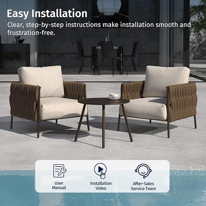 EAST OAK 3-Piece Patio Furniture Set Outdoor Seating Furniture with Cushions | Deep Seating Modern Conversation Set | Garden, Porch, Balcony & Backyard | Chestnut & Apricot