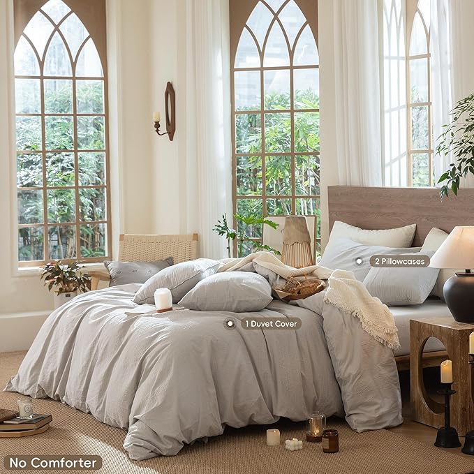 MooMee Wavy Striped Duvet Cover Set 100% Washed Cotton Linen Like Textured Breathable Durable Soft Comfy (Light Grey, Full 80"x90")