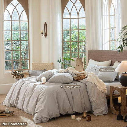 MooMee Wavy Striped Duvet Cover Set 100% Washed Cotton Linen Like Textured Breathable Durable Soft Comfy (Light Grey, Oversized Queen 98"x98")