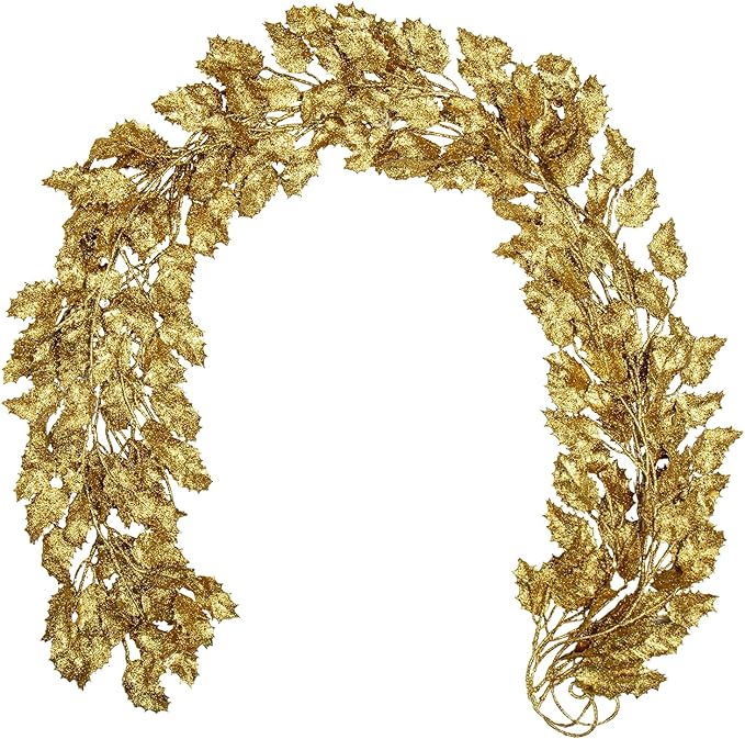 3 Pcs 6FT Christmas Garland Gold Glittered Artificial Holly Leaves for Christmas Tree Decorations Indoor Outdoor Hanging Garland Ornaments Home Decor Garden Door Wall Window Stair Holiday Decoration