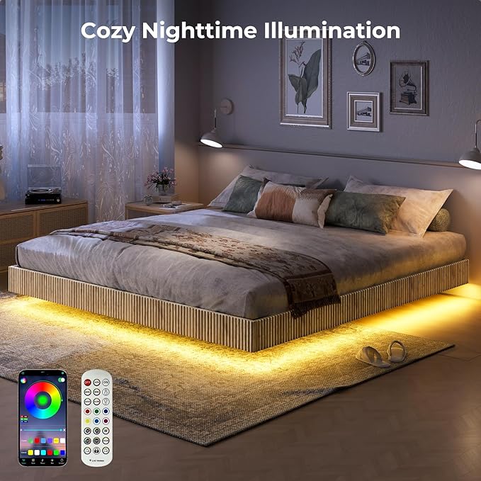 Evermagin Natural King Floating Bed Frame with led Lights, Bohemia Fluted Floating Platform Bed No Headboard, Heavy Duty Metal Float Bedframe No Box Spring Needed