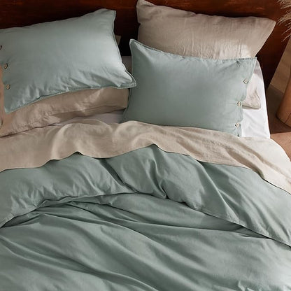 Bedsure Linen Duvet Cover Queen - Linen Cotton Blend Bedding Set, Soft & Cozy, 3 Pieces, 1 Duvet Cover 90x90 Inches and 2 Pillowcases, Sage Green Color Cooling Bedding, Comforter Sold Separately