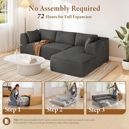 Vesgantti 106" Modular Sectional Sofa with Chaise, Deep Seat Comfy Cloud  Corduroy L Shaped Sofa Sectional for Living Room Bedroom, No Assembly Required (Grey, Right-Facing Chaise)