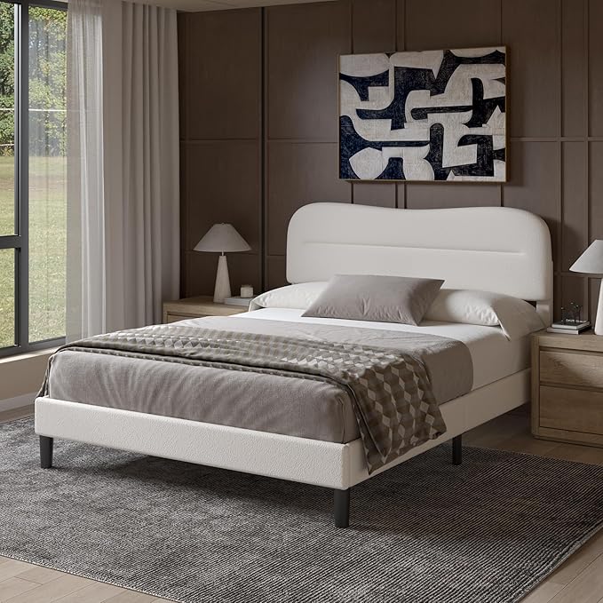 Queen Size Bed Frame with Headboard, upholstered Bed Frame Queen Size, Teddy Soft Boucle Fabric, Soft Cloud Marshmallow Shape Headboard, No Box Spring Needed, Noise Free (White)