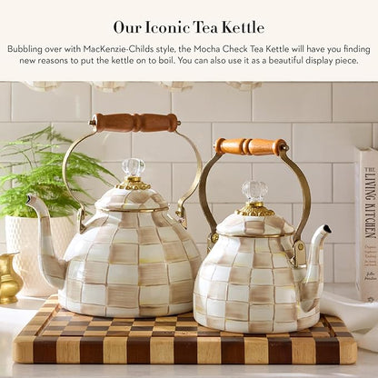 MACKENZIE-CHILDS Enamel Tea Kettle, Stylish Tea Kettle for Stovetop, Brown-and-White Mocha Check, 3 Quarts