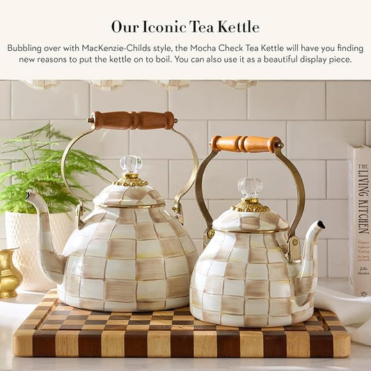 MACKENZIE-CHILDS Enamel Tea Kettle, Stylish Tea Kettle for Stovetop, Brown-and-White Mocha Check, 3 Quarts