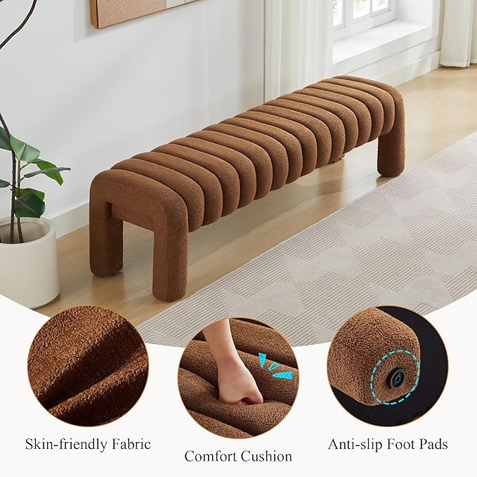 63’’ End of Bed Bench, Modern Boucle Entryway Bench, Upholstered Ottoman Stool with Extra Length, Full Coverage Fabrics, Ottoman for Bedroom, Living Room, Dining Room, Rust Brown