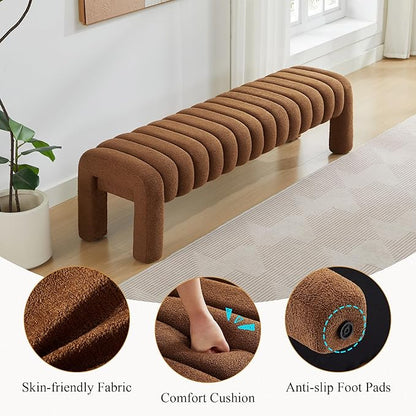 63’’ End of Bed Bench, Modern Boucle Entryway Bench, Upholstered Ottoman Stool with Extra Length, Full Coverage Fabrics, Ottoman for Bedroom, Living Room, Dining Room, Rust Brown