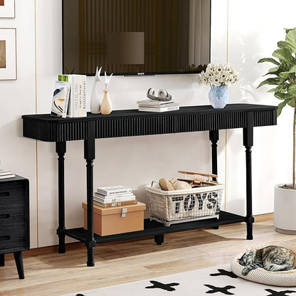 63'' Fluted Console Table with 2 Drawers, 2-Tier Long Entryway Tables with Open Storage, Wooden Narrow Sofa Table Behind Couch, Foyer Accent Table for Living Room, Hallway, Entrance (Black)