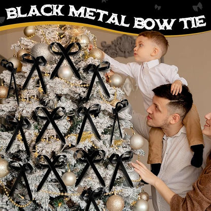 12 Pcs 2025 Metal Christmas Bow Ornaments for Christmas Tree Garland Wreath Bulk Bow with Clip Ornament Vintage Indoor Outdoor Home Xmas Party Decorations, 4 x 5 Inches (Black)