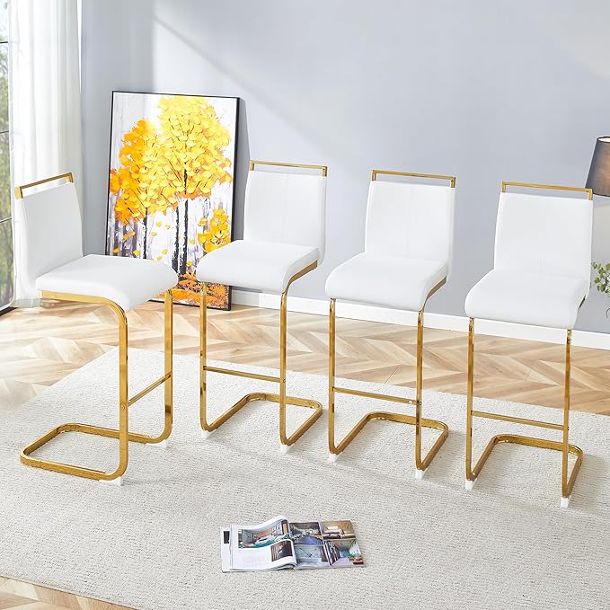 Counter Height Bar Stools Set of 4,Gold Bar Stools with Back,30" White Island Chairs with Gold Chrome Plated Metal Leg,Faux Leather Barstools for Pub Kitchen Counter Dining Chair