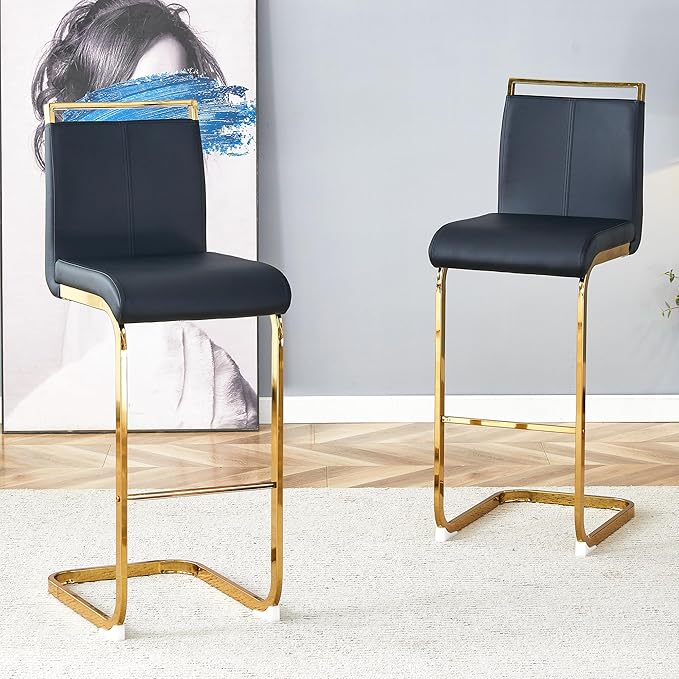 Counter Height Bar Stools Set of 2,Bar Stools with Back,30" Black Island Chairs with Gold Chrome Plated Metal Leg,Faux Leather Barstools for Pub Kitchen Counter Dining Chair