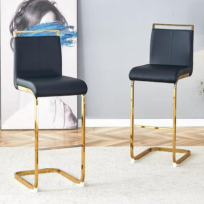 Counter Height Bar Stools Set of 2,Bar Stools with Back,30" Black Island Chairs with Gold Chrome Plated Metal Leg,Faux Leather Barstools for Pub Kitchen Counter Dining Chair