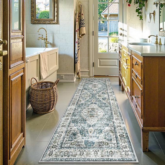 Uphome Bathroom Runner Rug, Distressed Tribal Farmhouse Blue Bathroom Mat, Large Bathroom Rugs Non Slip Washable, Oriental Retro Boho Bath Mat Runner for Bathtub Sink Hallway, 24x71 inch