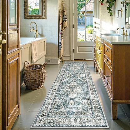 Uphome Bathroom Runner Rug, Distressed Tribal Farmhouse Blue Bathroom Mat, Large Bathroom Rugs Non Slip Washable, Oriental Retro Boho Bath Mat Runner for Bathtub Sink Hallway, 24x71 inch
