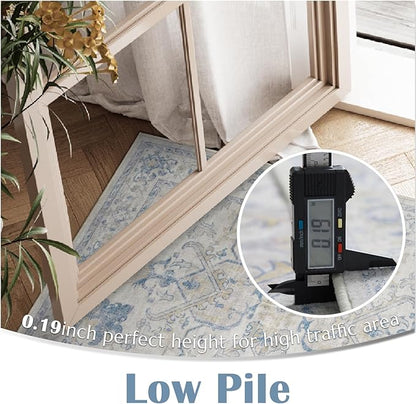jinchan Vintage Floral Washable Rug 2x3 Non-Slip Low Pile Doormat, Blue