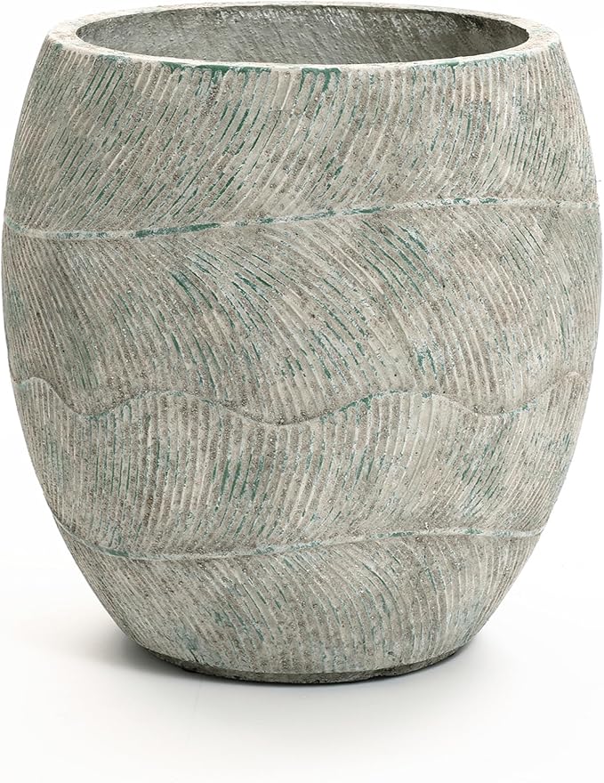 LuxenHome 15" Dia Round Planter for Porch Patio Garden, Rustic Weathered Cement Pot Planter, Large Outdoor Indoor Plant Pot with Drainage Hole, Decorative Pot for Tall Plants Flowers