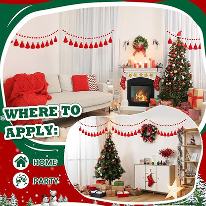 Syhood 4 Pcs Thanksgiving Christmas Pom Pom Tassel Garland Fall Felt Ball Banner Decorative Colorful Pompom Garland for Thanksgiving Autumn Xmas Theme Party Classroom Home Decor(Red Color)