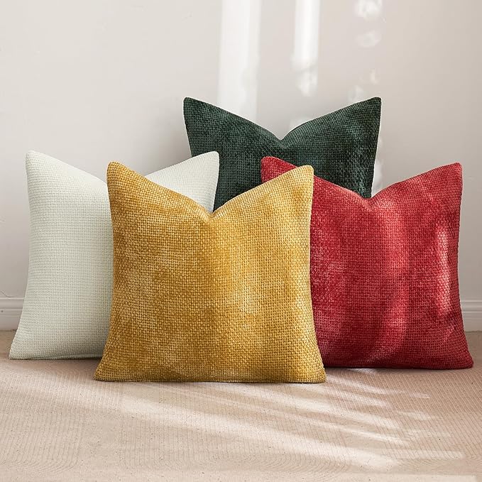MIULEE Christmas Pack of 4 Throw Pillow Covers 16x16 Inch Christmas Red/Green Soft Decorative Chenille Pillow Covers Farmhouse Accent Cushion Covers for Boho Home Decor Bedroom Living Room