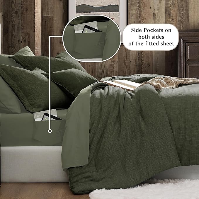 Geniospin Dark Olive Green Oversize Queen Comforter Set - 7 Pieces Comforter Queen Size, Solid Bedding Set for All Season, Textured Bed in a Bag with Sheets