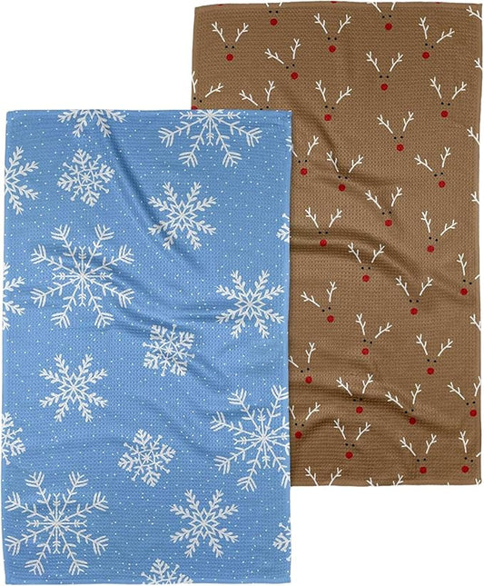 GEOMETRY Christmas Kitchen Towels Quick Dry Microfiber 2 Pack Reindeer Rendevous Frosty Fun