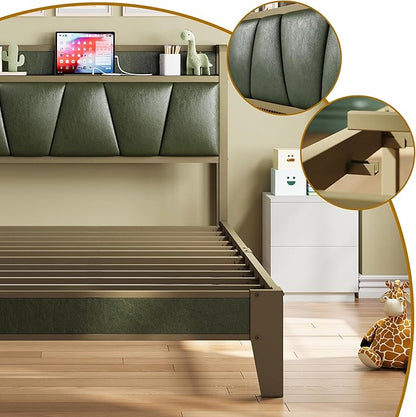 LIKIMIO Twin XL Bed Frame, Storage Headboard with Charging Station, Solid and Stable, Noise Free, No Box Spring Needed, Easy Assembly (Dark Green)