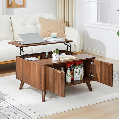 Fluted Lift Top Coffee Table with Large Hidden Compartment, 31.5” Wooden Center Table with Storage, Mid Century Modern Lift Tabletop Coffee Tables for Living Room Home Office, Walnut