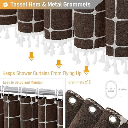 BTTN 78 Inch Long Shower Curtain - Boho Farmhouse Linen Ultra Thick Fabric Shower Curtain Set with Plastic Hooks, Tall Rustic Country Weighted Cloth Shower Curtains for Bathroom Decor - Brown - 72x78