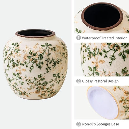 Vintage Green and Beige Round Pastoral Vase, Round Ceramic Floral Vases, Retro Ice Cracked Chinoiserie Vase for Home Decor, Living Room, Bookshelf, Office, Rustic Table Centerpiece 6.7 Inch