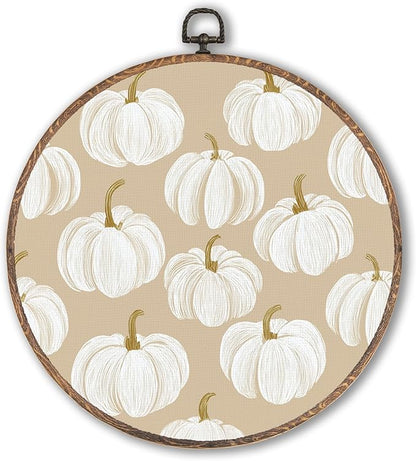 Hxlac Fall Pumpkin Round Wall Art Framed, Vintage Autumn Round Wall Decor, Fall Halloween Hanging Canvas Prints Wall Sculptures for Home Gallery Living Room Bedroom Decor, 10x10 Inch