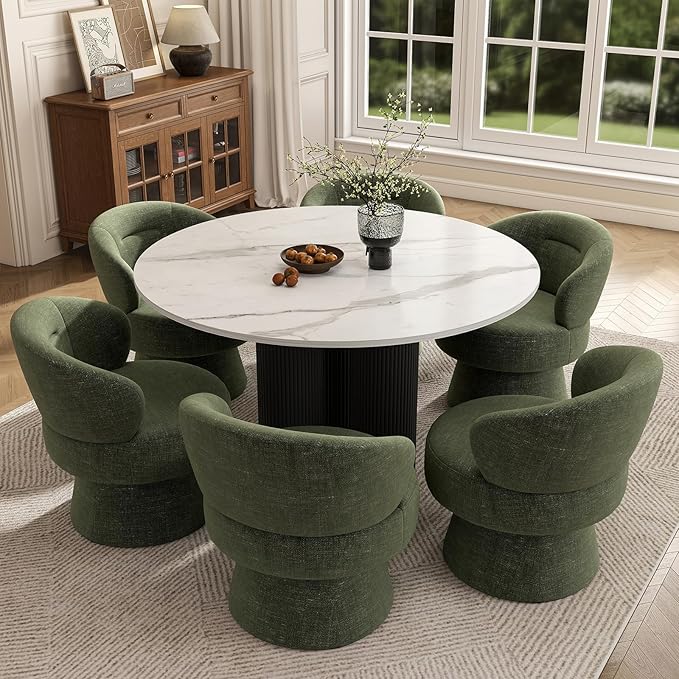 360° Swivel Accent Chairs, Modern Chenille Upholstered Boucle Dining Chair with Back, Vanity Chair Accent Armchair Side Chairs for Dining/Living Room, Bedroom, Green