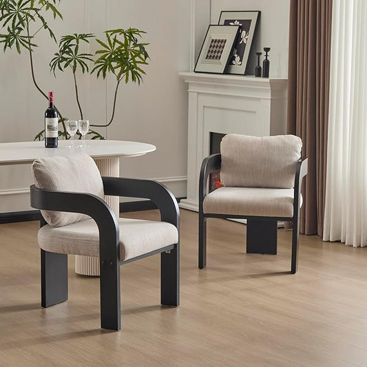 Christopher Knight Home Yorick Modern Dining Chair Set of 2 with Cushion, Solid Wood Dining Room Set, Curved Backrest Kitchen Side Chair, Living Room Comfy Extra Seat, Black+Beige