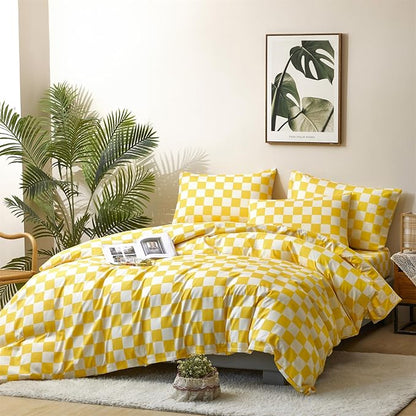 CLOTHKNOW Yellow Plaid Twin/Twin XL Comforter Set 3Pcs Checkerboard Grid Bedding Comforter Sets Yellow Grid Bed Comforter Sets