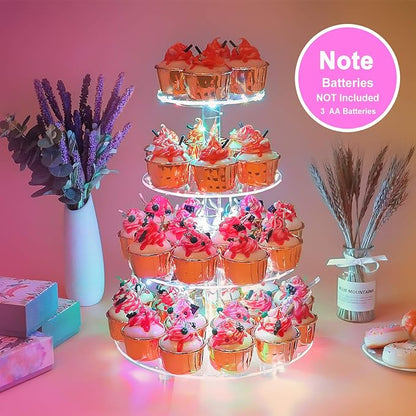 YestBuy 4 Tier Round Cupcake Stand – Premium Cupcake Holder – Acrylic Cupcake Tower Display – Display for Pastry + LED Light String – Ideal for Weddings, Birthday Parties & Events (Multicolored)